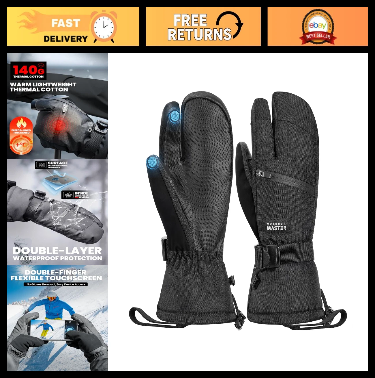 Winter Ski Snow Gloves 3-Finger Mittens for Men & Women, Waterproof, Thermal, To