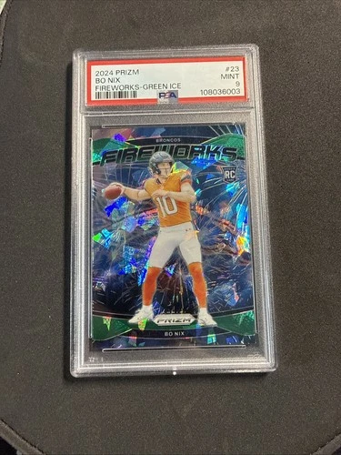 22024 Panini Prizm Bo Nix rookie card Fireworks Green Prizm #23 PSA 9