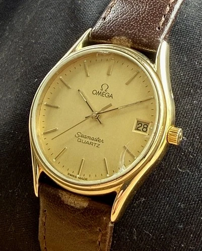 Omega Seamaster Men's Watch Vintage Gold Case Quartz Gold Dial