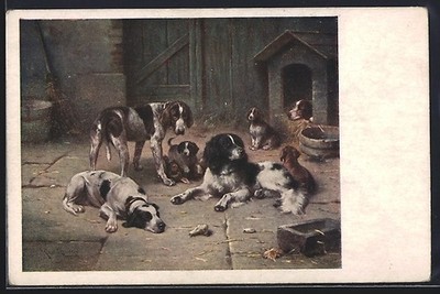 Hunde liegen vor der Hütte, Ansichtskarte 