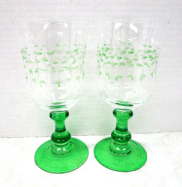 Green Stemmed Crystal Wine Water Goblets Glasses Set of 2 Cut Glass Pattern eBay