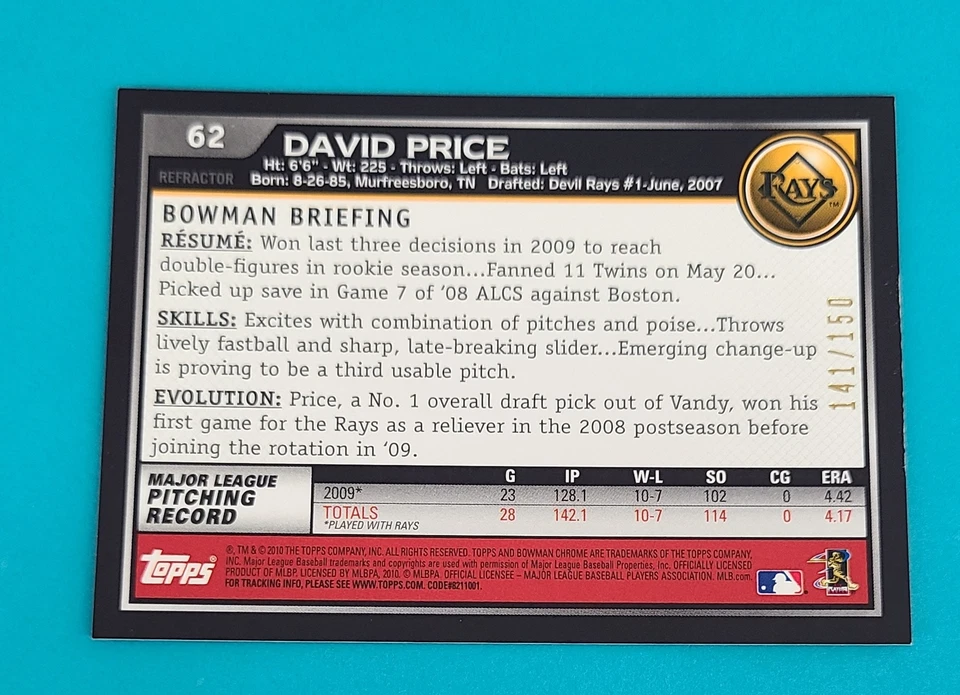 2010 Bowman Chrome Blue Refractor /150 #62 David Price TB Rays BASEBALL Card Z9 - Image 2 of 2