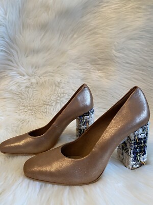 NEW Anthropologie Rose Gold Pumps with Navy Blue Cream Tweed Block Heel EU 39