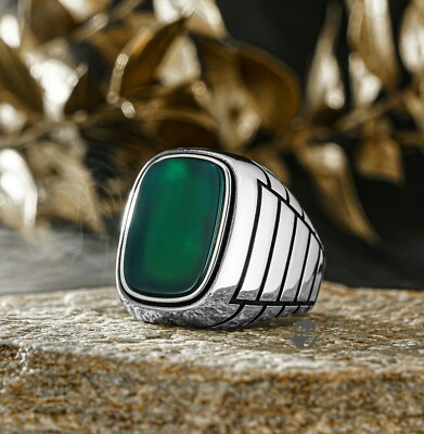 Men's Solid 925 Sterling Silver Ring With Green Agate Stone - Lion Design, Size 13