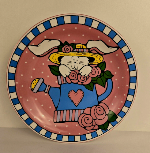 Studio 33 Easter White Bunny Rabbit Plate Pink/Blue In Watering Can 8" - Picture 3 of 5