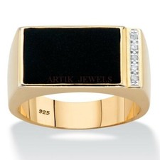 Natural Black Onyx Gemstone with Gold Plated 925 Sterling Silver Ring 1273