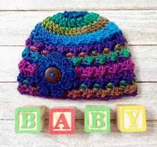 crochet handmade newborn baby flower hat 0/3 months gossamer blue puffs
