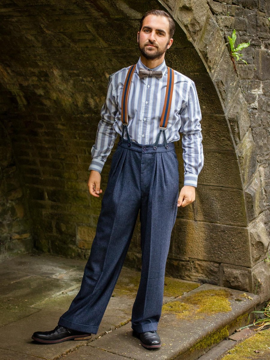 1940s Vintage Style Navy & Rust Stripe Button Pants 1940s Vintage Style Navy & Rust Stripe Button Pants