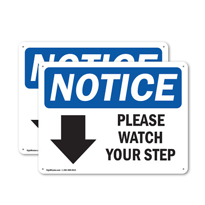 (2 Pack) Please Watch Your Step [Down Arrow] OSHA Notice Sign Decal Metal