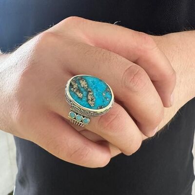 SILVER925 BIG TURQUOISE RING/シルバー/リング 925 Sterling Silver Retro Original Big Turquoise Stone Men's