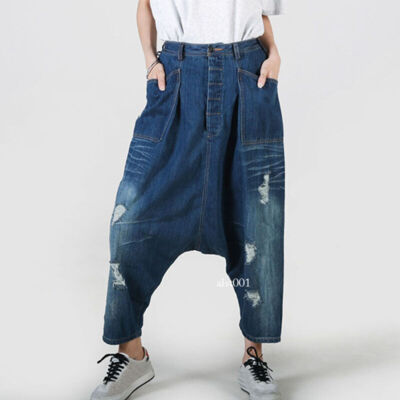 Women's Retro Denim Drop Crotch Pants Loose Jeans Ripped Casual Trousers  Baggy