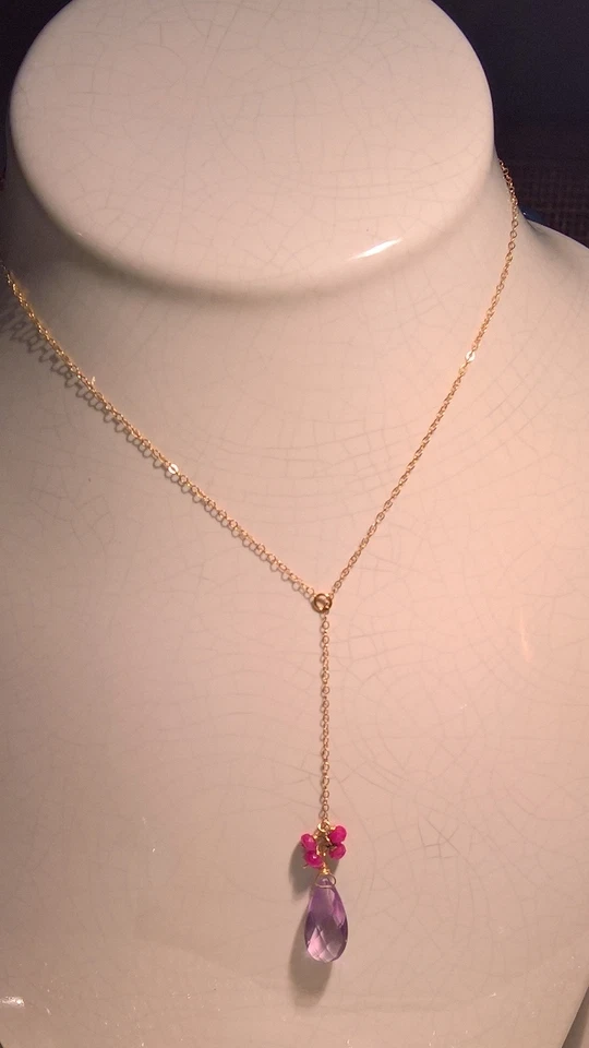 Collar Lariat Y Oro 14k Facetado Amatista Gota y Rubí 1990 De Colección Nuevo Foto 3 de 4