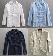 Men Casual Thin Linen Blazer Two Button Suit Formal Business Jacket Slim Coat