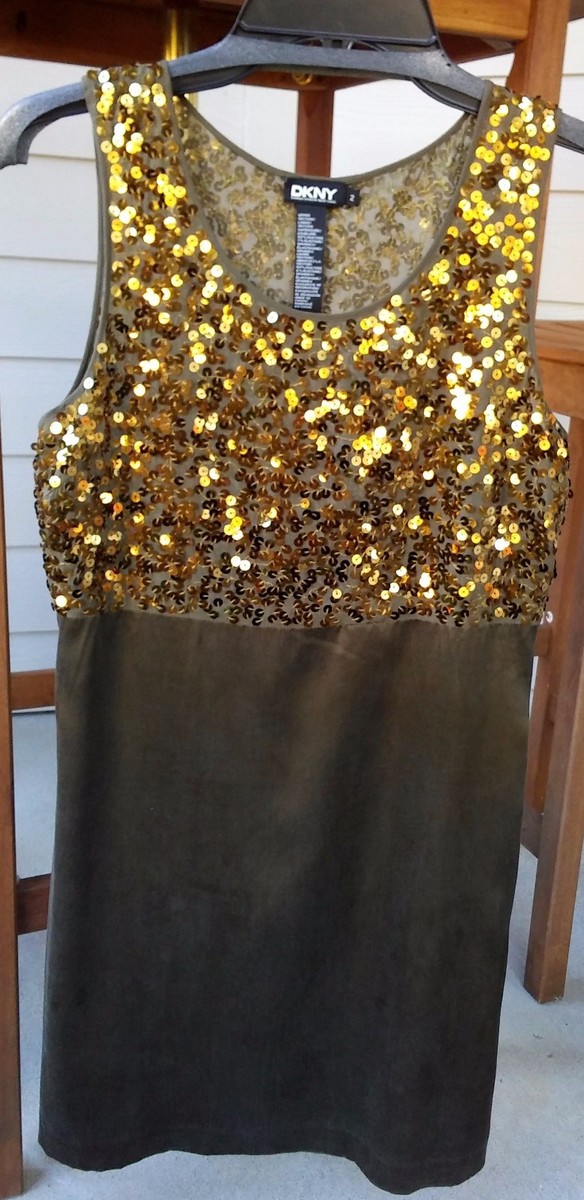 dkny gold sequin dress DKNY Womens Sequined Antique Gold Sleeveless Tank Evening Dress