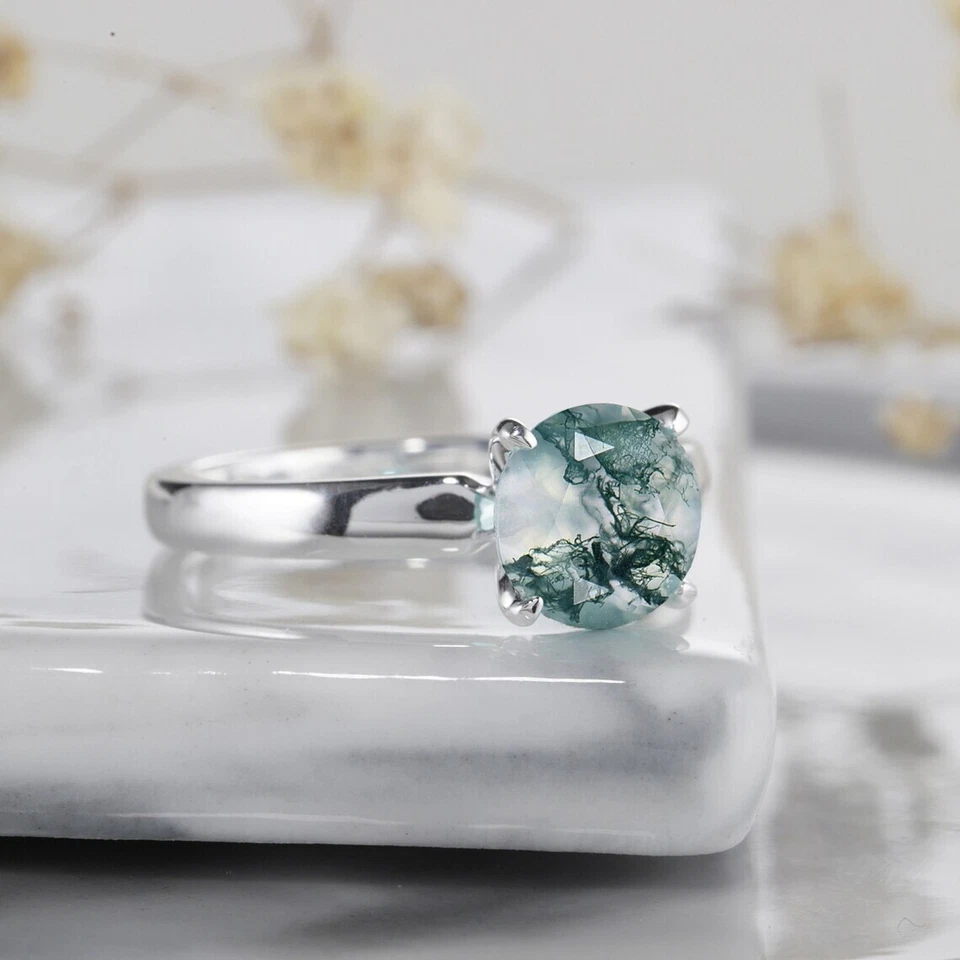 Anillo de compromiso solitario de ágata de corte redondo de 2 quilates enchapado en oro blanco de 14 quilates Foto 3 de 4