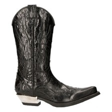Bottes Black Flame New Rock M-7921-S1 En Cuir Noir Pour Motard Western Cowboy