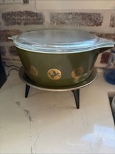 Olive Green Glass Casserole Dish with Lid - Zodiac Gold Motif Pyrex 1961