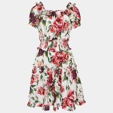 Dolce Gabbana White Floral Print Cotton Ruffled Dress L