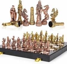 15" Large Vintage Metal Chess Set - Marbling Chess Board With Metal Chess Pieces