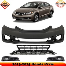 Front Bumper Cover Paintable Plastic & Fog Lights Kit For 2013-2015 Honda Civic