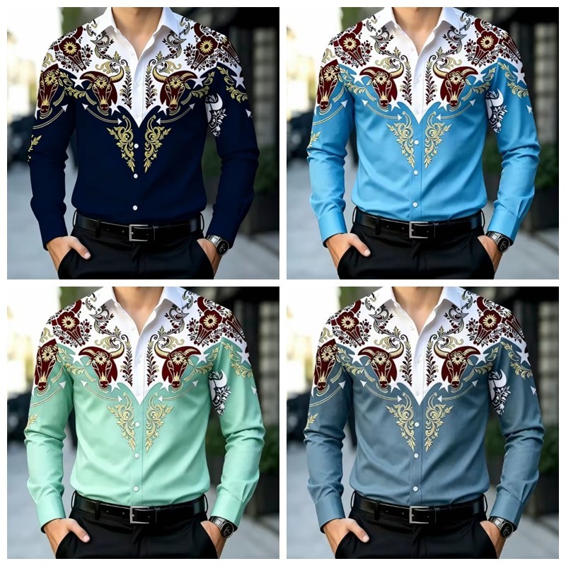 Heading Pattern New Fashion Men Long Sleeve Shirt Western Bull Head Flower Pattern 3D ...