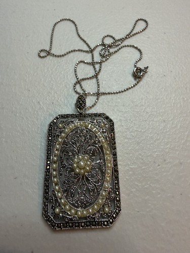 Marcasite Pearl Pendant Necklace Art Deco Style 925 Italy Filigree