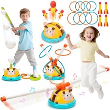 4-in-1 Musical Jump Toy with Ring Toss Baseball Game for Yellow and Black