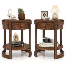 2PCS Nightstand w/ Shelf & Wood Grains Drawer Round End Table for Living Room