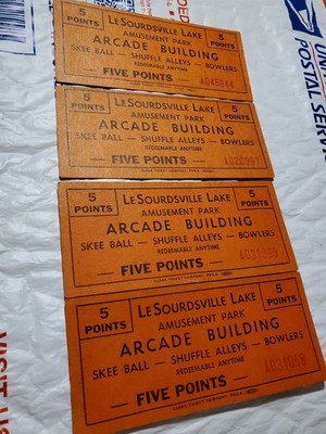 4 Lot Vtg LeSourdsville Lake A Series 5 Points Skee Ball Shuffle Bowling Tickets