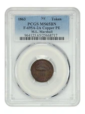 1863 Token M.L. Marshall NY PCGS MS65BN (F-695A-2a, Plain Edge) - Store Cards