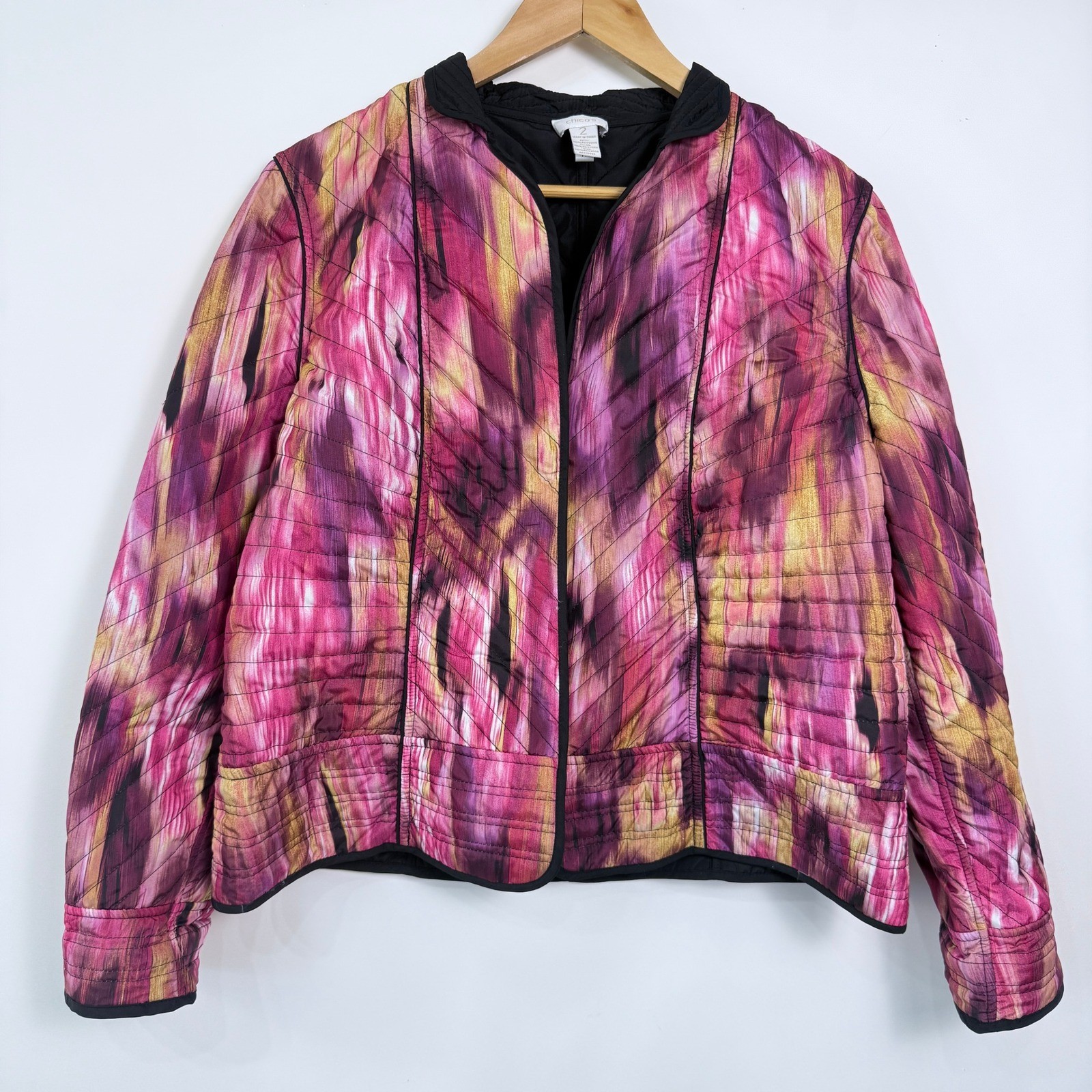 Chicos Quilted Open Front Lightweight Jacket Size 2 (12) Pink Purple Abstract