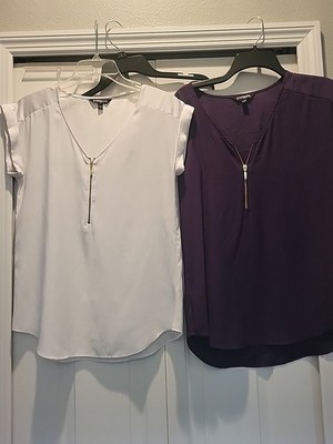 Lot of 2 EXPRESS blouses WOMEN'S WHITE  & purple SIZE ZIPPER NECK some pulling