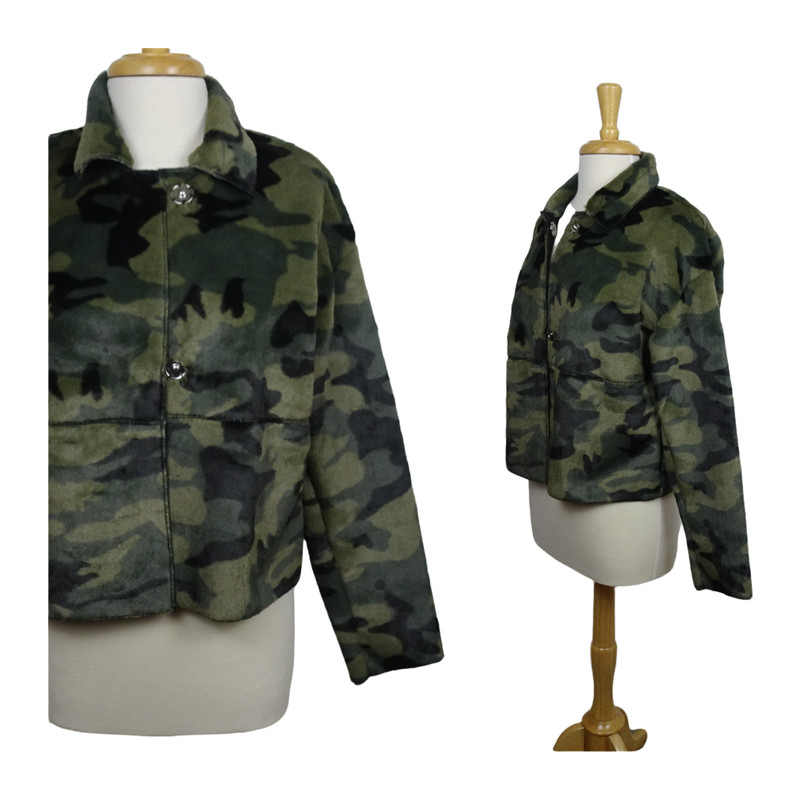 New NVLT Vincenza Camo Faux Fur Jacket Collared Snap-Front Oversized Women's XS
