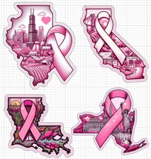 Multipack State Pink Awareness Ribbon Stickers Glossy Breast Cancer LA NY CA IL