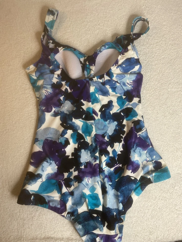 Roxanne Swimsuit Women 14 One Piece Ruched Purple Blue Floral Boy Short Romper - Image 2 of 4