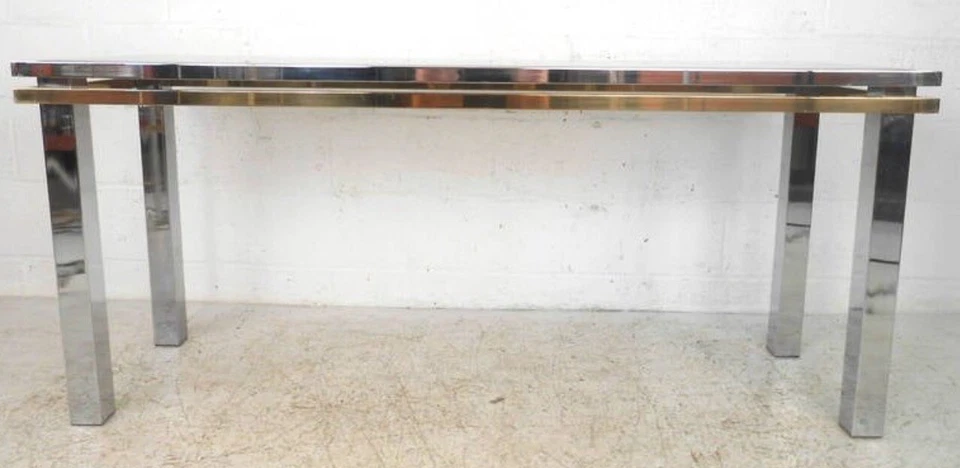 Mesa consola Milo Baughman años 70 cromada y latón y vidrio ~ Paul Evans Foto 2 de 4