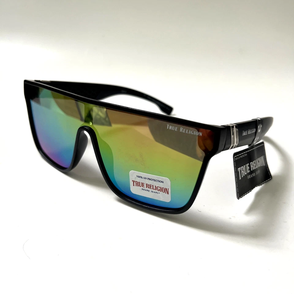 Nuevo Original TRUE RELIGION Gafas de sol Escudo Espejo Iridiscente Mate Acetato NEGRO