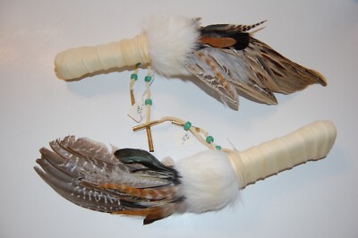 1 Ring neck Pheasant Wing smudge fan with rooster Feathers Rabbit Deer Leather