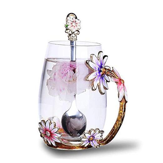 Goodking Flower Glass Tea Mug, Lead-Free Handmade Enamel Coffee Mug Daisy Pink