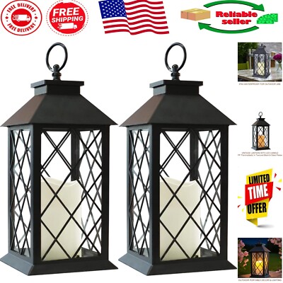 2-Pack 13.5'' Vintage LED Candle Lanterns with Timer - Waterproof Black Decor