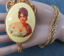 Vintage Porcelain Cameo Style Pendant Necklace Gold Tone 17.5" Chain Tassel Nice