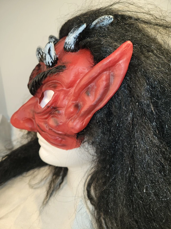 Halloween Red Horned Devil Black Hair 1/2 Face Mask - Image 4 of 4