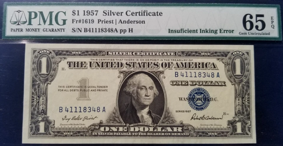 PMG 65 EPQ!  1957 BLANK BACK INSUFFICIENT INKING ERROR $1 SILVER CERT FR.1619 - Image 2 of 4