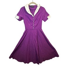 GownTown Purple Retro 1950s Rockabilly Swing Dress White Collar Pearl Buttons S