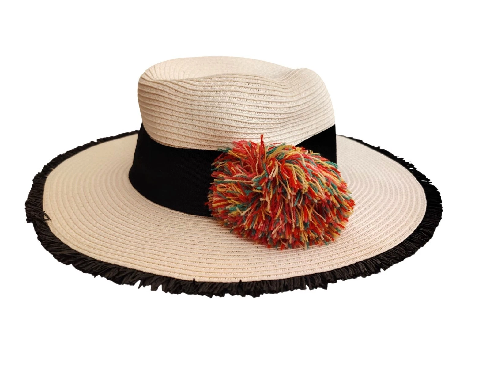 NWT Betsey Johnson White Straw Hat, Paper Yarn, Black Accent Multicolor Puff