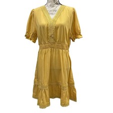 Allegra K Fit & Flare Dress Women L Yellow Lace Trim Crochet Smocked Waist Boho