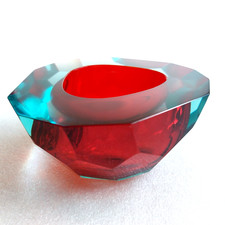 Vintage Murano Glass Italian Sommerso Red & Blue Flavio Faceted Heavy Ashtray