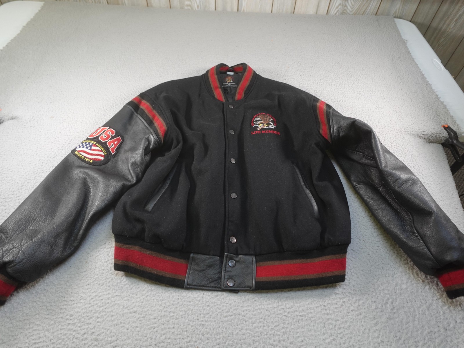 Chaqueta North American Hunting Club Para Hombre Grande Cuero Negro Lana Águila Universitaria