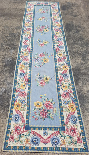 Vintage French Floral Needlepoint Handmade Multicolor Rug Wool Carpet 295x71 cm
