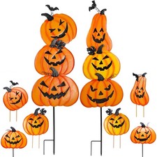 2 Pack Halloween Garden Stakes - 3D Metal Pumpkins Jack-o-Lantern Yard Decor
